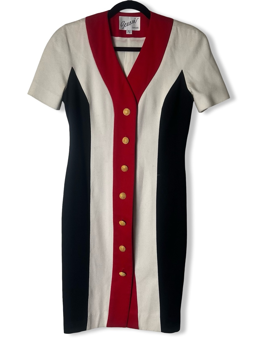 Scaasi Vintage Color-Block‎ Dress Red Black Cream Gold Buttons 90s Sz. 6